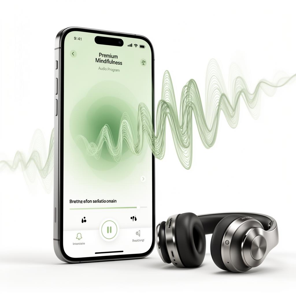 Mockup du programme audio Mindful Aura sur smartphone avec casque premium